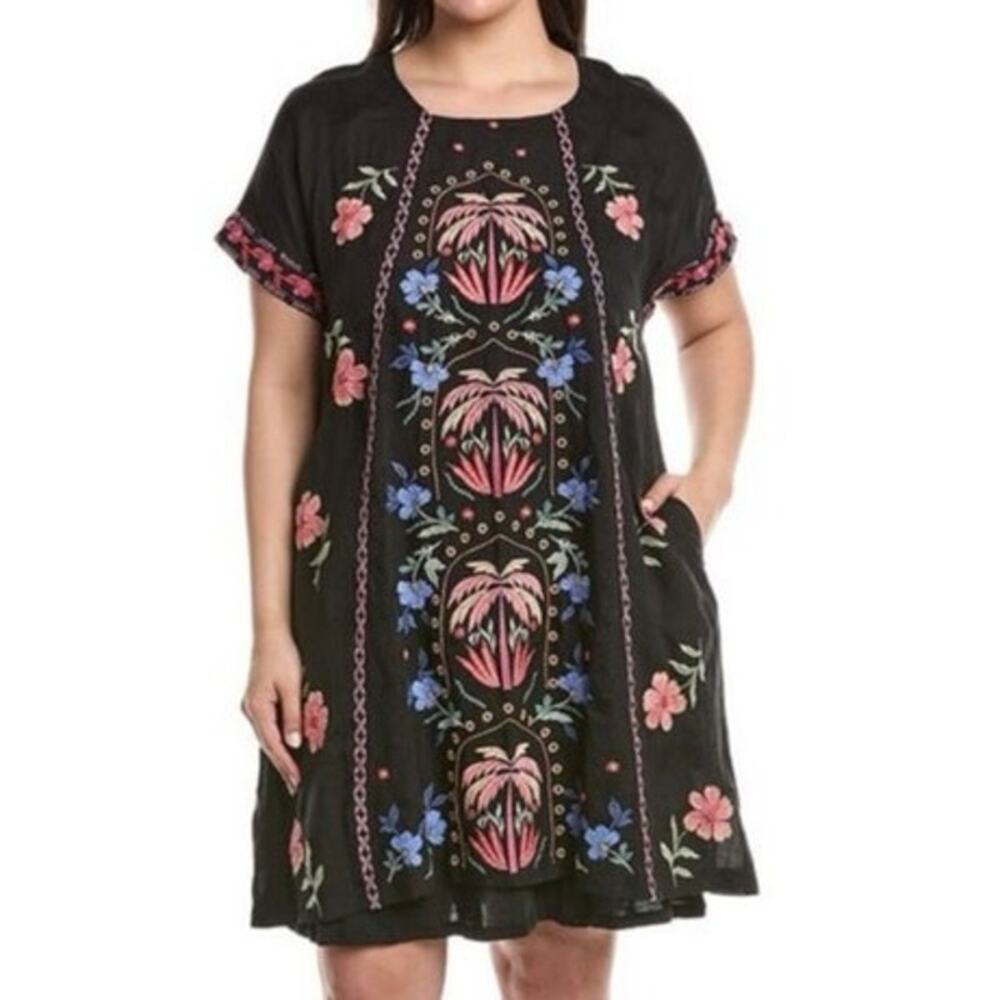 JOHNNY WAS Isla Raglan Seamed Dress Black Heavily Embroidered Boho - Sz 2X - NWT